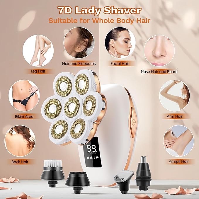 Electric Razors for Women, 7D Electric Shaver for Women, 5 in 1 Lady Shavers, Wet/Dry Bikini Trimmer, Rechargeable Facial Hair Removal, Painless Face Razor for Arms Legs Armpit Pubic Area-VivaGrace Women