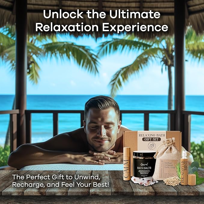 Relaxing Bath Gift Set, Luxury Spa Gifts for Women, Self Care Products for Women and Men, Calm Essential Oil Roller, Oatmeal Lavender Bath Soak & Epsom Salts with Essential Oils-VivaGrace Women