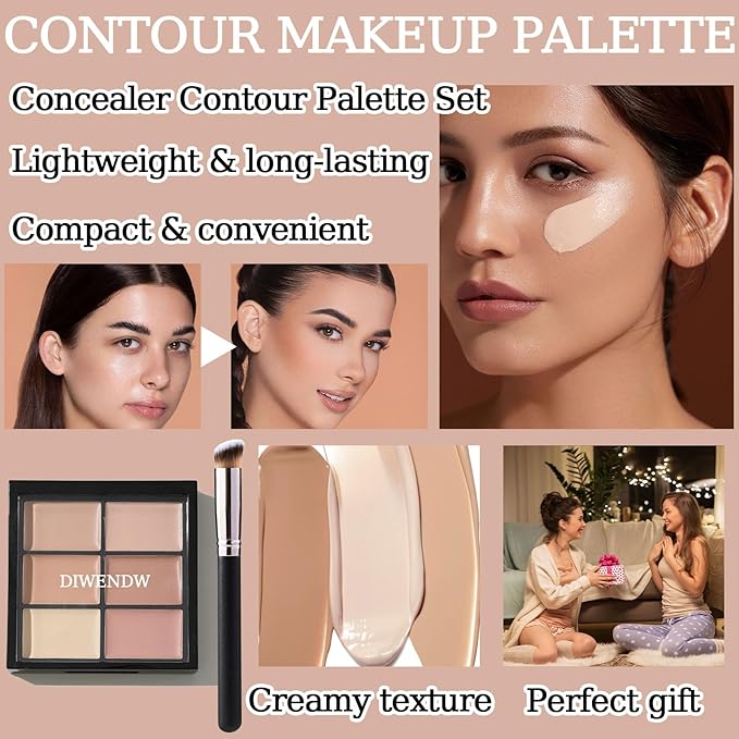 6 Colors Correcting Concealer Palette,Colors Corrector Palette,Moisturizing Full Coverage Liquid Foundation Cream Contour Makeup Palette with Brush-VivaGrace Women