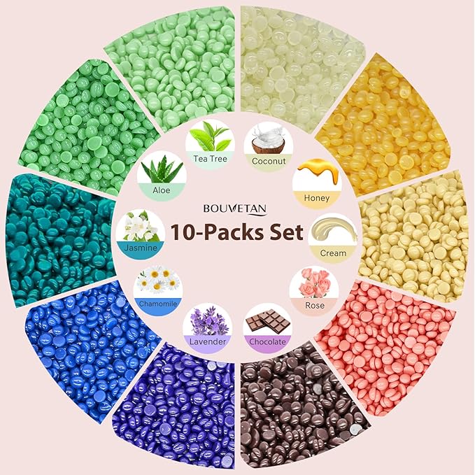 Hard Wax Beads 2.2 lbs, 10 Pack Variety Wax Beans for Hair Removal, Sensitive Skin, Ideal for Face, Eyebrows, Bikini, Underarms, Legs, Brazilian Waxing and Full Body-VivaGrace Women