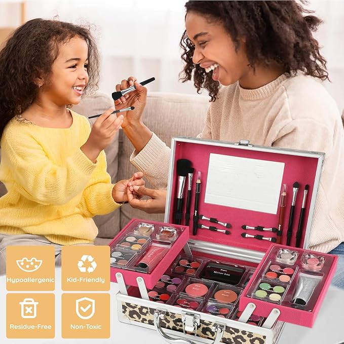 Anpro All-In-One Leopord Double Folding Makeup Carry Case with Pro Teen Makeup Set, Full Starter Kit with Makeup Brushes, Lipsticks, Eyeshadow Palette, Blushes, Glitter Gel, Ideal Present for Girls-VivaGrace Women