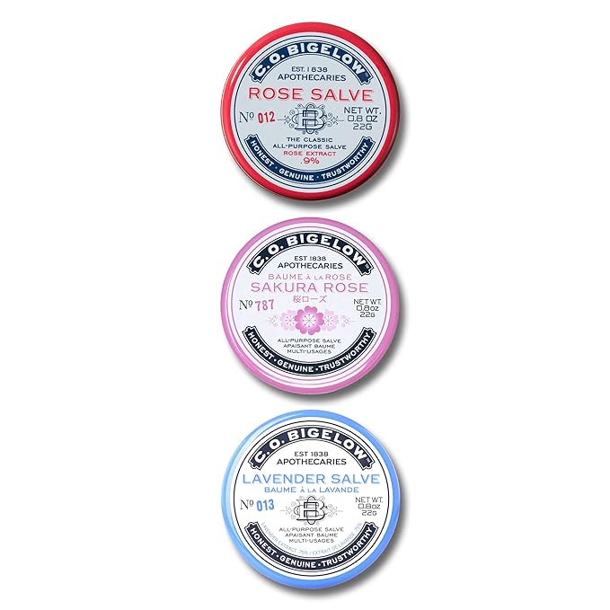 C.O. Bigelow All Purpose Salves, Variety Pack of 3 Lip Balm Tins for Chapped Lips & Dry Skin - Classic Rose, Lavender & Sakura Rose Moisturizing Lip and Skin Salves, 0.8 oz each-VivaGrace Women