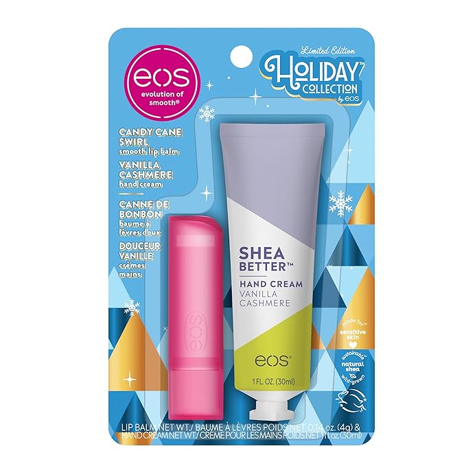 eos Holiday Skin Care Set- Vanilla Cashmere Travel Hand Cream & Candy Cane Swirl Lip Balm, Stocking Stuffers, 1 fl oz Hand Cream + 0.14 oz Lip Balm, 2-Pack-VivaGrace Women