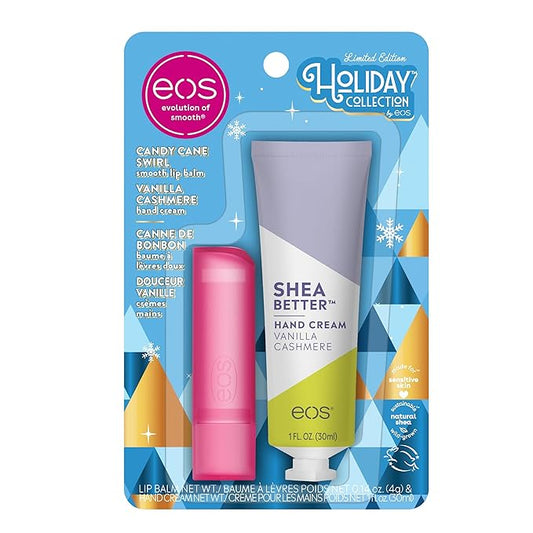eos Holiday Skin Care Set- Vanilla Cashmere Travel Hand Cream & Candy Cane Swirl Lip Balm, Stocking Stuffers, 1 fl oz Hand Cream + 0.14 oz Lip Balm, 2-Pack-VivaGrace Women