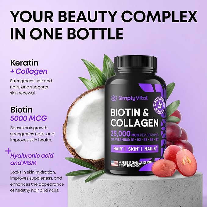 Biotin and Collagen Supplements with Keratin 25000 mcg - Hair Skin & Nails Vitamins with Collagen Keratin B Complex - Made in USA - Biotin for Hair Growth Women & Men Support Skin & Nails, 60 Capsules-VivaGrace Women
