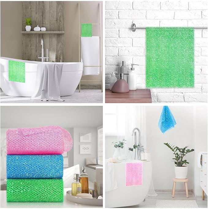 UJFQBH 3 Piece Bright Style African exfoliating net Exfoliating Shower Set Long Bath Sponges for Smooth, Refreshed Skin, The Exterior Gleams - Ideal for Daily Use (Bright Pink, Blue, Green)-VivaGrace Women