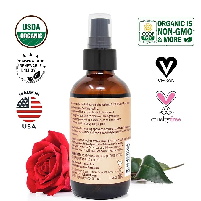 PURA D'OR Organic Rose Water Toner (4oz / 118mL) Eau Fraiche, 100% Pure Full Skin Hydration, Control Excess Oils & Acne - Cleanses & Softens - Promotes Healthy Skin Cell - for All Skin Types-VivaGrace Women