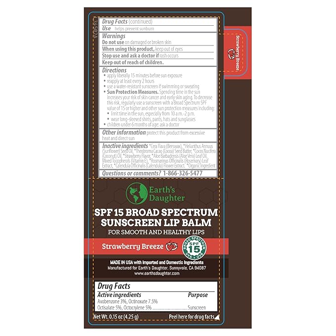 SPF Lip Balm 4-Pack by Earth's Daughter - Lip Sunscreen, SPF 15, Organic Ingredients, Strawberry Flavor, Beeswax, Coconut Oil, Vitamin E - Hypoallergenic, Paraben Free, Gluten Free-VivaGrace Women