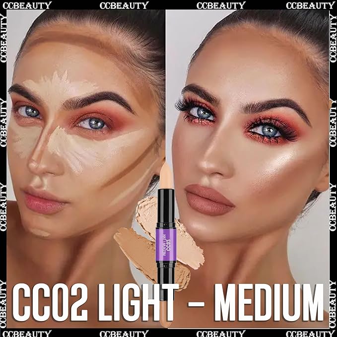 CCbeauty 2pcs 2-IN-1 Matte Contour Highlighter Stick with Blush,Cream Dual-End Highlight Bronzer Concealer & Blusher for Cheeks & Lip, Long Lasting Contouring for Face Shaping Makeup, Medium-Tan-VivaGrace Women