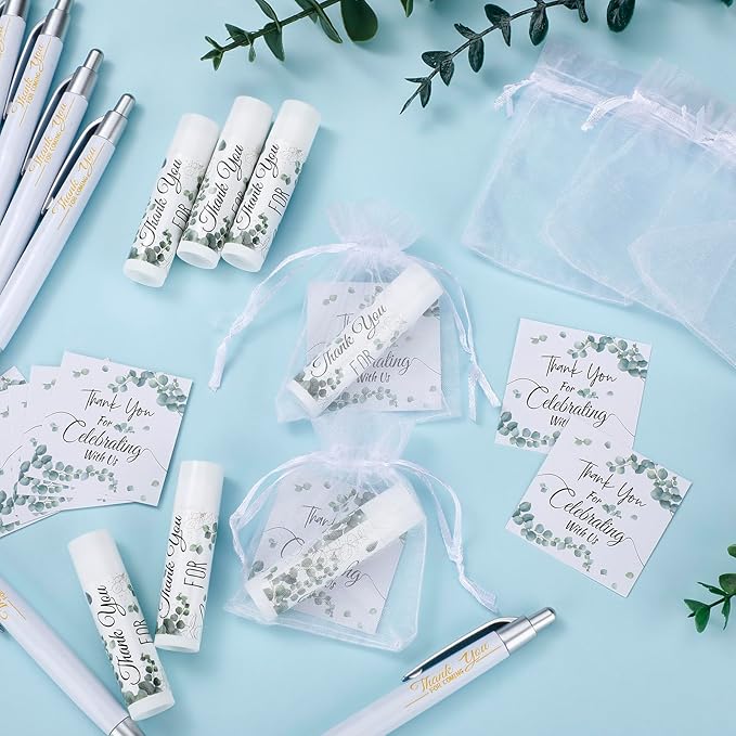 50 Set Bulk Thank You Combo Gifts Include Lip Balms Appreciation Ballpoint Pen Thank You Card Organza Drawstring Gift Bag Pouch for Wedding Parties Baby Shower Favors, Eucalyptus Leaves Style-VivaGrace Women