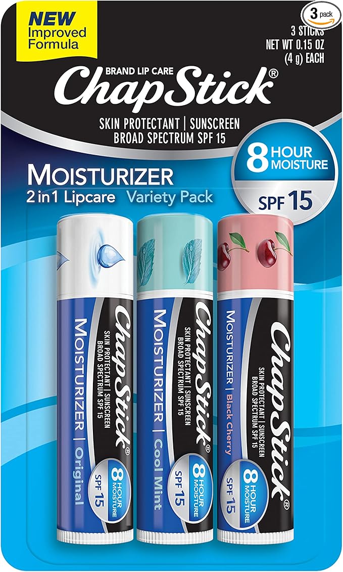 ChapStick Moisturizer Original, Black Cherry and Cool Mint Lip Balm Tubes Variety Pack, SPF 15 and Skin Protectant - 0.15 Oz (Pack of 3)-VivaGrace Women