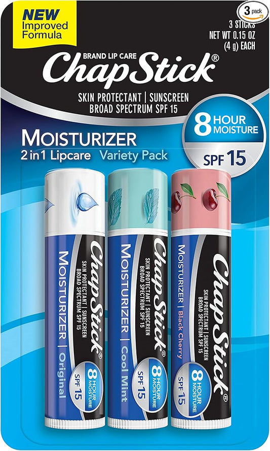 ChapStick Moisturizer Original, Black Cherry and Cool Mint Lip Balm Tubes Variety Pack, SPF 15 and Skin Protectant - 0.15 Oz (Pack of 3)-VivaGrace Women