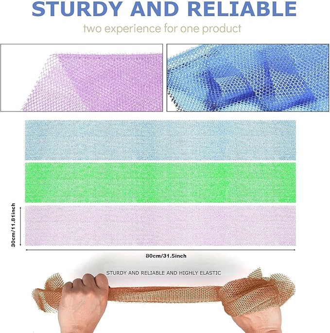 UJFQBH 3 Pieces African Bath Sponge African Net Long Net Bath Sponge Exfoliating Shower Body Scrubber Back Scrubber Skin Smoother,Great for Daily Use (Pale Purple, Blue, Green)-VivaGrace Women