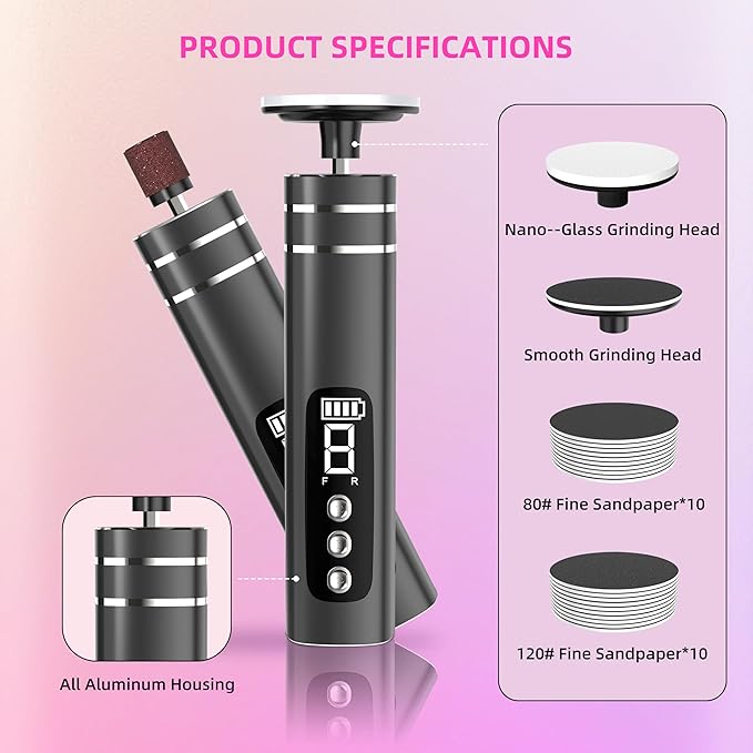 2 in 1 Electric Foot Callus Remover,9 Adjustable Speeds Rechargeable Electric Dead Skin Sander Pedicure Tools with Sandpaper Disk and Nail Drill Bits,Grinding Heads for Women&Men-VivaGrace Women