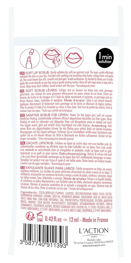 L'Action Paris Exfoliating Soft Lip Scrub, Smooth and Plumped Lips, Sugar Crystals for Gentle Exfoliation, Slanted Applicator, Soothing Shea and Mango Butter Formula 12ml-VivaGrace Women