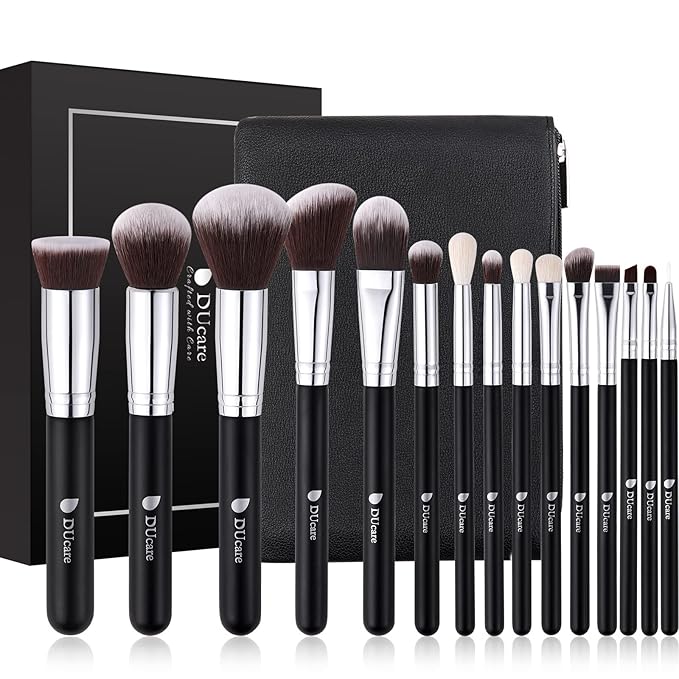 DUcare Makeup Brushes with Bag,15Pcs Makeup Brush Set Christmas Gift Travel Kabuki Foundation Blending Blush Eyeliner Shadow Brow Concealer Brushes Kit Black-VivaGrace Women
