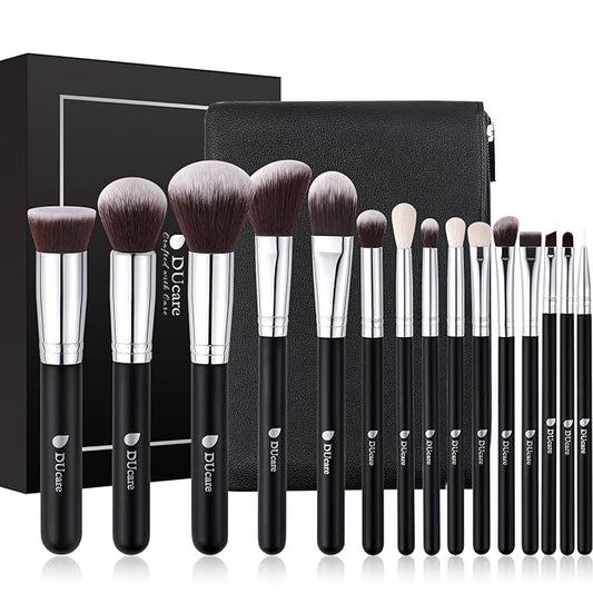 DUcare Makeup Brushes with Bag,15Pcs Makeup Brush Set Christmas Gift Travel Kabuki Foundation Blending Blush Eyeliner Shadow Brow Concealer Brushes Kit Black-VivaGrace Women
