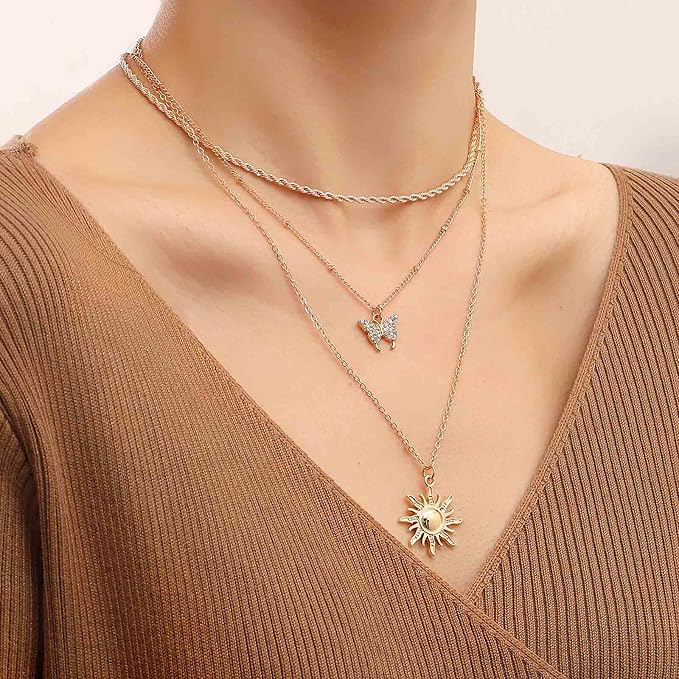 Bohemia Layered Sun Necklace Choker Crystal Butterfly Pendant Necklace Gold Rope Chain Necklace Vintage Sunflower Necklace Jewelry for Women and Girls-VivaGrace Women
