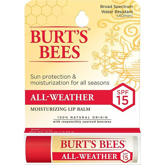 Burt's Bees All Weather SPF 15 Lip Balm, Water-Resistant Lip Moisturizer, Tint-Free, Natural Conditioning Lip Treatment, 1 Tube, 0.15 oz.-VivaGrace Women
