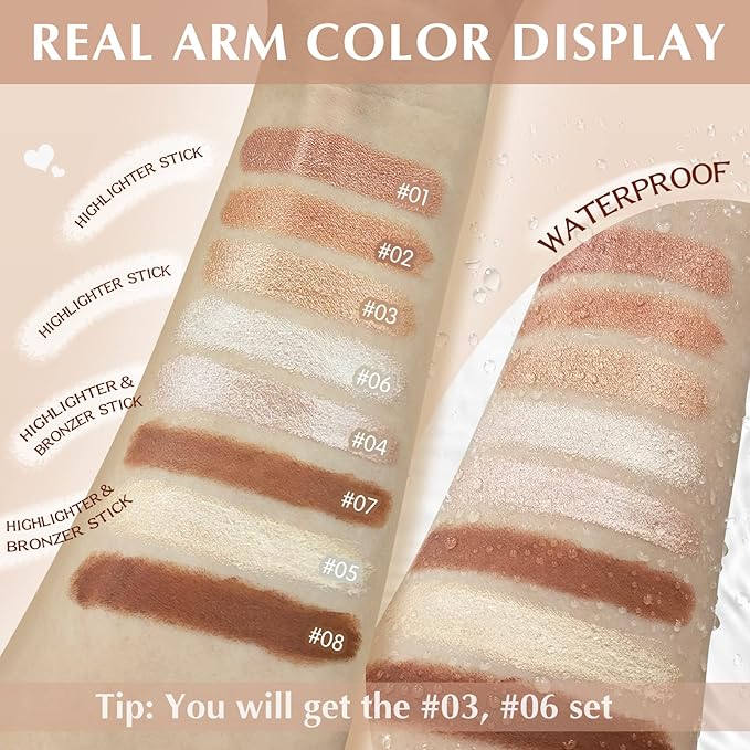 2 Pcs Cream Contour Stick Makeup Kit, Cream Highlighter Stick & Contour Bronzer Stick for Cheeks, Lightweight Blendable Smooth -Highlighter (#03 Champagne Gold #06 Silver)-VivaGrace Women