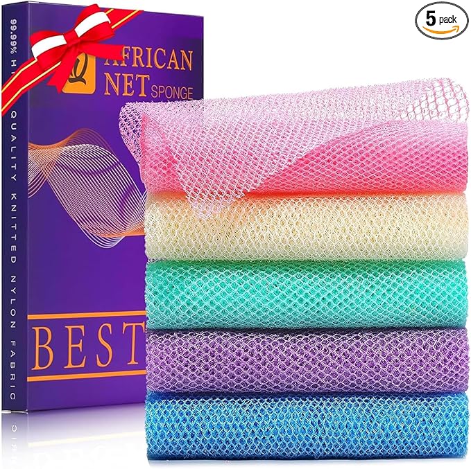 UJFQBH 5 Pieces African Bath Sponge African Net Long Net Bath Sponge Exfoliating Shower Body Scrubber Back Scrubber Skin Smoother,Great for Daily Use (Purple, Pink, Green, Blue, White)-VivaGrace Women