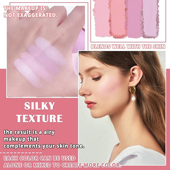 4 Colors Blush Palette for Cheeks,Face Matte Contour Blush Makeup Palette,Buildable Shimmer Facial Cheek Blusher Shades,Blendable Cosmetic Makeup Blush with Blush Brush 02-VivaGrace Women