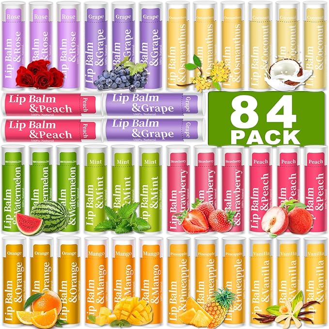 84 Pack of Lip Balm, 12 Flavored Lip Balms Natural Organic Vitamin E Lip Balm Pack for Dry Cracked Lips, Moisturising Lip Balm Bulk Gifts Stocking Stuffers Party Favors(4.2g/0.15oz)-VivaGrace Women