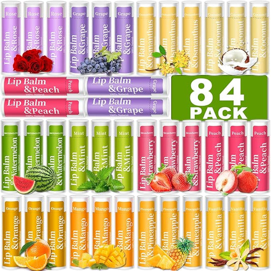 84 Pack of Lip Balm, 12 Flavored Lip Balms Natural Organic Vitamin E Lip Balm Pack for Dry Cracked Lips, Moisturising Lip Balm Bulk Gifts Stocking Stuffers Party Favors(4.2g/0.15oz)-VivaGrace Women