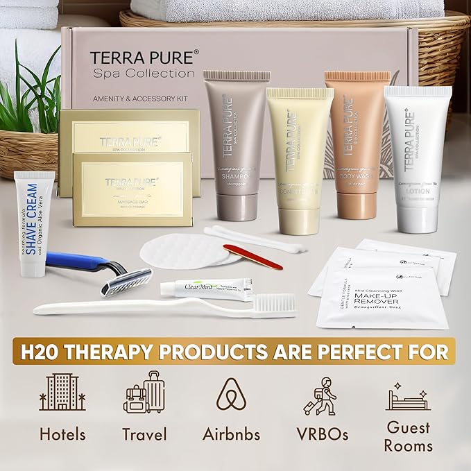 Terra Pure Spa Collection Amenity & Accessory Kit |1 oz Travel Size Shampoo, Conditioner, Lotion, Body Wash, 2 Soap Bars, Shave & Dental Sets, Make-Up Remover Wipes, & Vanity Kit | 1 set per case-VivaGrace Women