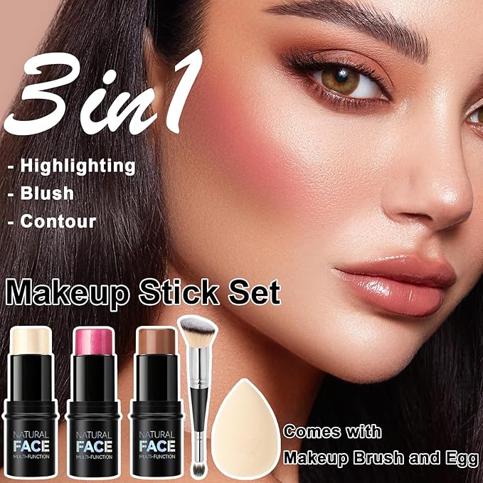 3Pcs Cream Contour Stick Makeup Kit, Shades with Highlighter Stick, Blush Stick and Bronzer Contour Stick for Sculpt the Cheeks, Long Lasting, Waterproof, Matte & Dewy Finish (LIGHT)-VivaGrace Women