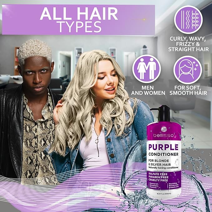 Purple Conditioner for Blonde Hair - Sulfate and Paraben Free Toner - No More Orange and Yellow Brassy Tones - More Balance for Color Treated, Bleached, Silver, White and Gray Hair - Women and Men-VivaGrace Women