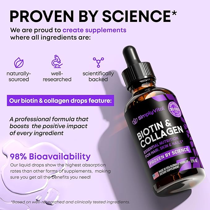 SimplyVital Liquid Biotin & Collagen - Hair, Skin & Nails Vitamins with Biotin 10000mcg & Collagen Peptides - Made in USA - Liquid Collagen for Healthy Skin & Hair Growth Support - 2 fl oz-VivaGrace Women
