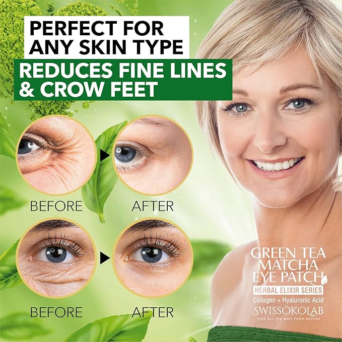 SWISSÖKOLAB Under Eye Patches For Puffy Eyes 24k Gold Eye Mask Dark Circles And Puffiness Collagen Eye Gel Pads Moisturizing & Reducing Wrinkles Anti-Aging Hyaluronic Acid (Green Tea)-VivaGrace Women