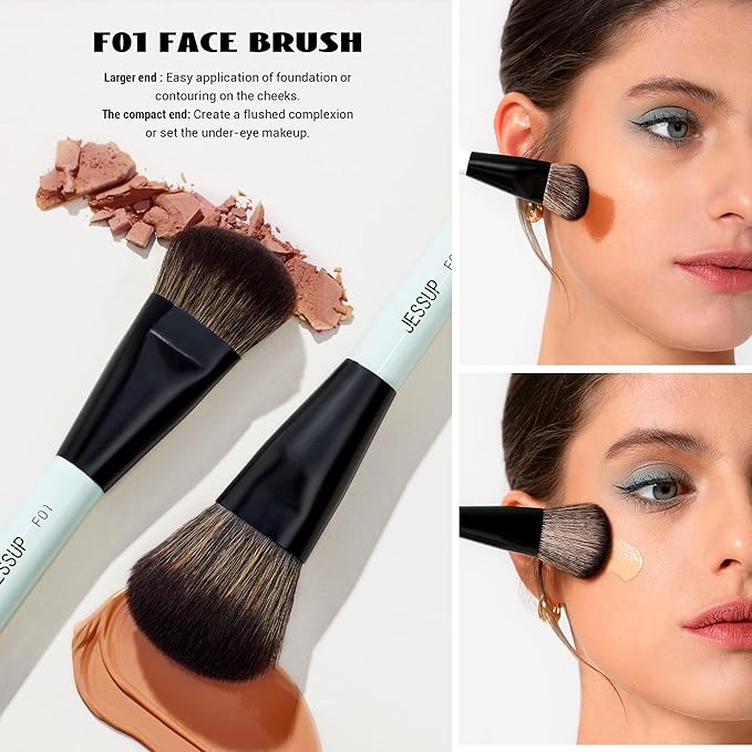 Jessup Makeup Brushes 2pcs Double Sided Foundation Brush Contour Brush Dual Ended Eye Blending Brush, Multi-functional Cosmetic Brush Bright Cyan T502-VivaGrace Women
