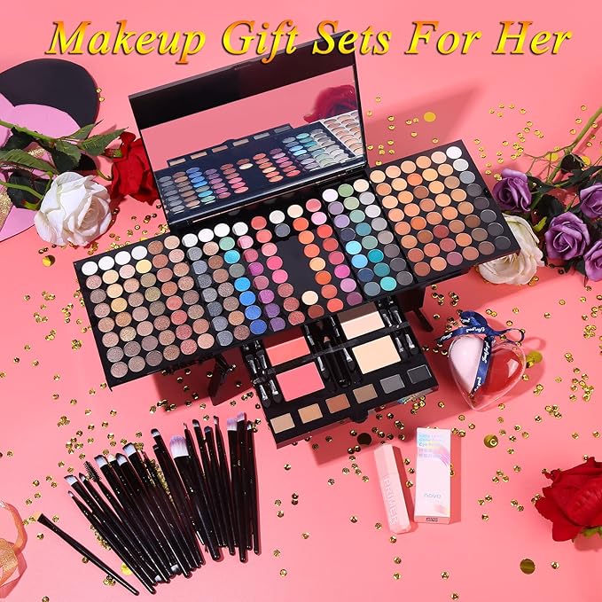Makeup Gift Sets For Women - 190 Colors Makeup Palette Include Eyeshadow, Blushes, Eyebrow Powder,Eye Pencil,Mirror+20Pcs Makeup Brushes+Eyeshadow Primer+2Pcs Sponge Puff Make Up Set (Makeup Set A)-VivaGrace Women