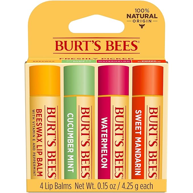 Burt's Bees Lip Balm - Original Beeswax, Cucumber Mint, Watermelon & Sweet Mandarin, With Responsibly Sourced Beeswax, Tint-Free, Natural Origin Treatment, 4 Tubes, 0.15 oz.-VivaGrace Women