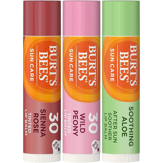 Burt's Bees Sun Care Lip Balm Pack, SPF 30 Tinted Lip Balm, After Sun Lip Balm, Water-Resistant Lip Moisturizer, Wild Peony, Sienna Rose, Natural Origin Lip Care, 3 Tubes, 0.15 oz.-VivaGrace Women