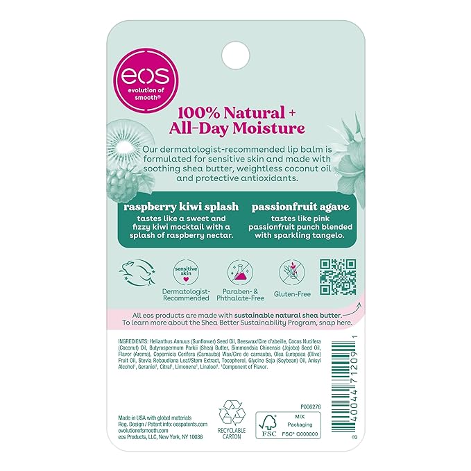 eos 100% Natural Lip Balm, Raspberry Kiwi Splash & Passionfruit Agave, All-Day Moisture, Lip Care Products, 0.14 oz, 2-Pack-VivaGrace Women