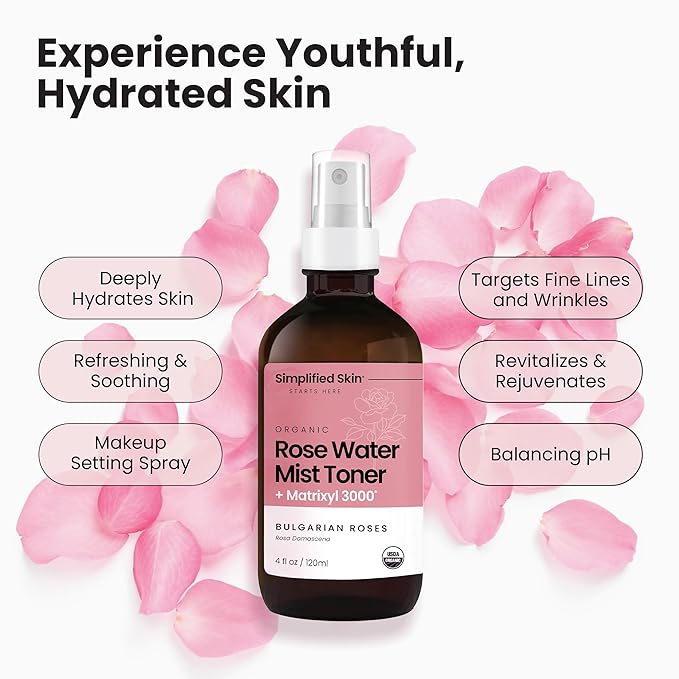 Rose Water Spray for Face with Matrixyl 3000 - Organic Rosewater Face Mist with Aloe Vera & Hyaluronic Acid - Hydrating, Reduces Fine Lines, Boosts Collagen Production, & Soothes Skin - 4 Fl Oz-VivaGrace Women