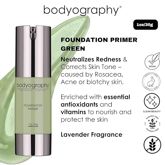 BODYOGRAPHY - Foundation Primer (Green): Flawless Anti-Aging Salon Makeup Primer w/Vitamin E, A, Jojoba, Grapeseed Oil | Control Shine | Gluten-Free, Cruelty-Free, 1 oz.-VivaGrace Women