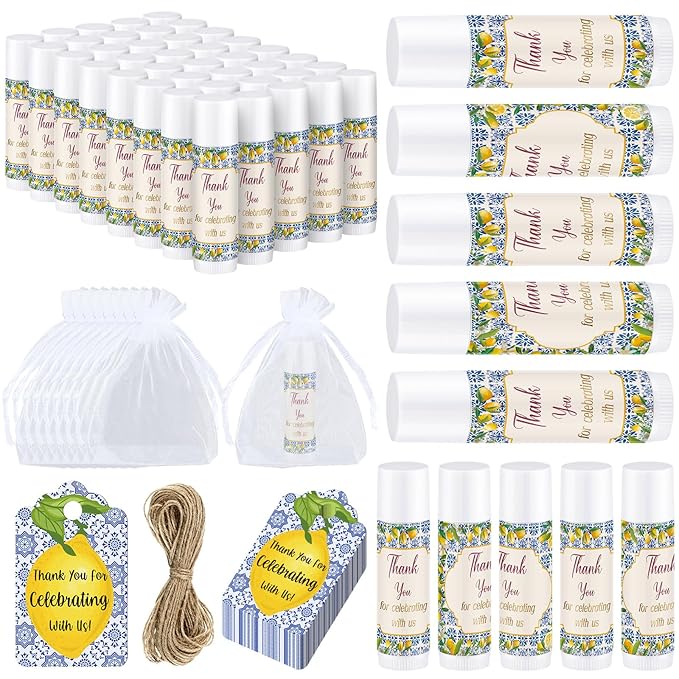 Demissle 50 Pcs Baby Shower Lip Balm Gift Set with 100 Pcs Organza Bags Baby Shower Party Favor for Guest Thank You Tag Rope Baby Shower Party Decoration Gender Reveal Souvenirs (Lemon)-VivaGrace Women