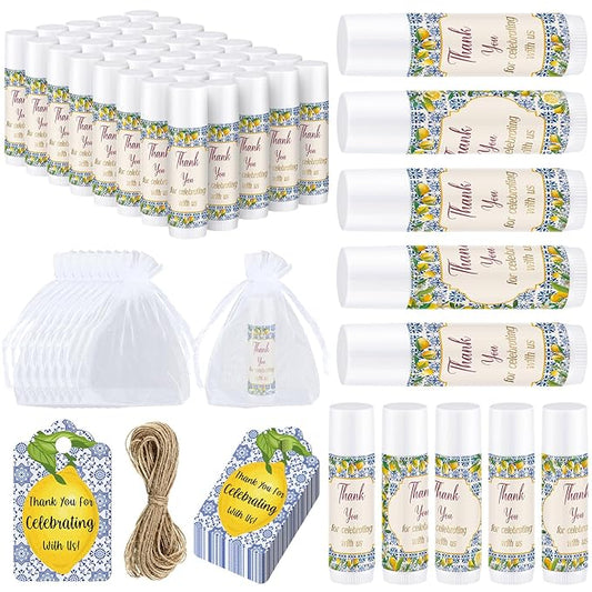 Demissle 50 Pcs Baby Shower Lip Balm Gift Set with 100 Pcs Organza Bags Baby Shower Party Favor for Guest Thank You Tag Rope Baby Shower Party Decoration Gender Reveal Souvenirs (Lemon)-VivaGrace Women