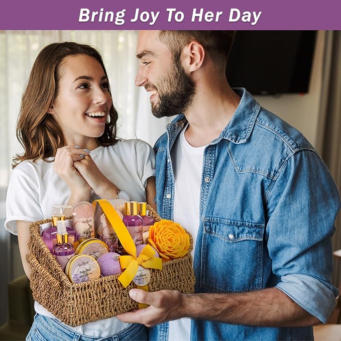 Bath Spa Gift Sets - Luxury Basket With Honey & Lavender - Spa Kit Includes Wash, Bubble Bath, Lotion, Bath Salts, Body Scrub, Body Spray, Shower Puff, Bathbombs, Soap and Towel-VivaGrace Women