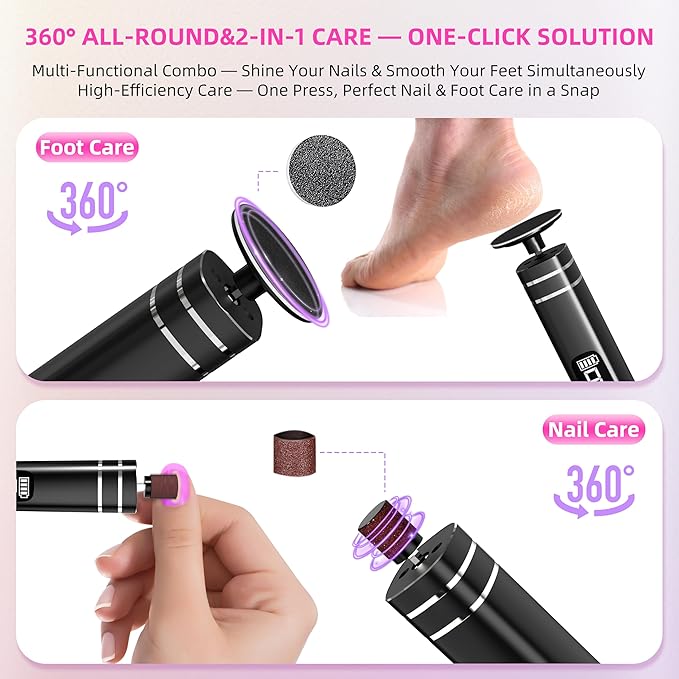 2 in 1 Electric Foot Callus Remover,9 Adjustable Speeds Rechargeable Electric Dead Skin Sander Pedicure Tools with Sandpaper Disk and Nail Drill Bits,Grinding Heads for Women&Men-VivaGrace Women