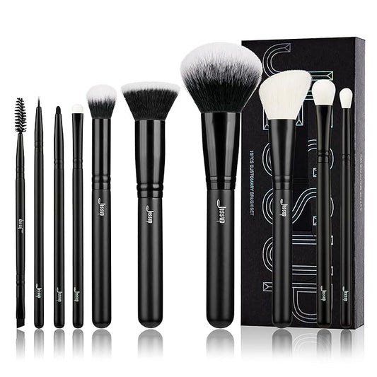 Jessup Makeup Brush Set 10pcs Black Make up Brushes Set Professional with Natural Synthetic Hair for Foundation Blending Blush Concealer Eyeshadow Eyebrow Eyeliner, T323-VivaGrace Women