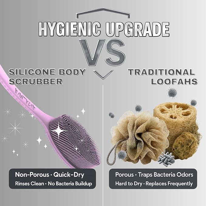 Avilana Silicone Body Scrubber – Gentle Shower Brush & Loofah Alternative- Food Grade & Lab Tested – Fast-Drying, Hygienic, BPA-Free Silicone Body Gentle Exfoliator (Pink, Long Handle)-VivaGrace Women