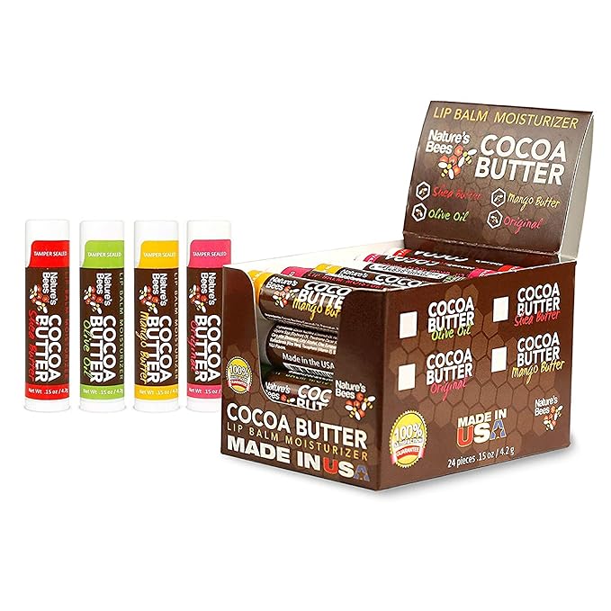 Nature's Bees - Cocoa Butter Lip Balm Moisturizer - Original 24 Pack, 4 Flavors - Original, Shea Butter, Mango Butter, Olive Oil - Made w/Coconut Oil, Beeswax, Vitamin E, Aloe - 0.15oz (4.2g)-VivaGrace Women