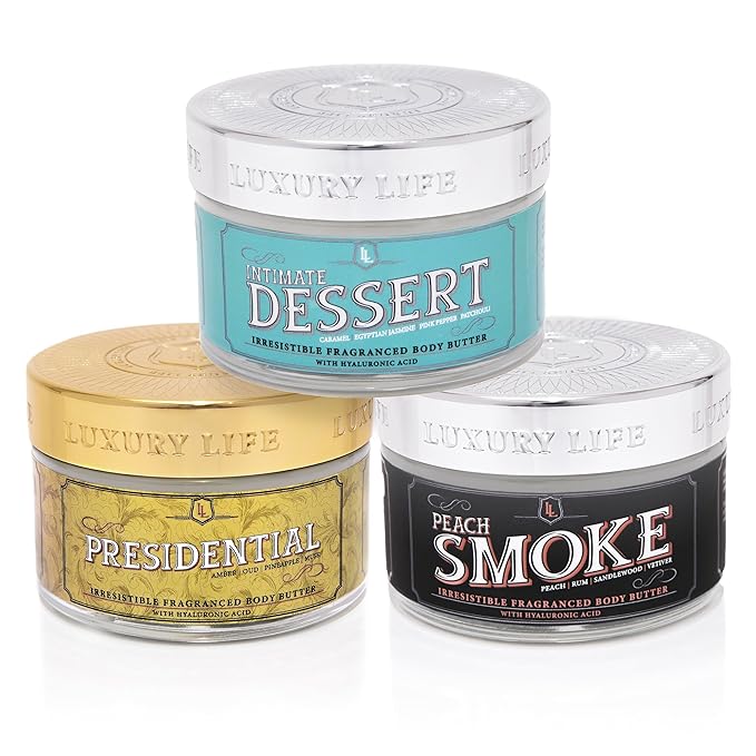 LUXURY LIFE BUTTER - Irresistibly Scented Body Butter with Hyaluronic Acid for Ultimate Moisture. Hydrates for a Non-Greasy Glamorous Glow (Dessert, Presidential and Peach Smoke)-VivaGrace Women