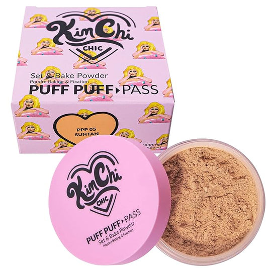Kimchi Chic Beauty Puff Puff Pass Set and Bake Powder, Loose Face Powder with Extra Fluffy Setting Powder Puff, Soft Tan Face Makeup for Uneven Skin Tone, 05 Suntan-VivaGrace Women