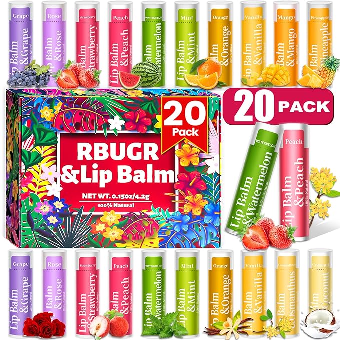 20 Pack Lip Balm, 12 Flavored Natural Lip Balm Bulk Set, Moisturizing Bulk Mini Balm Pack for Dry Cracked Lips,Hydrating for Gifts Party Favors(4.2g/0.15oz)-VivaGrace Women